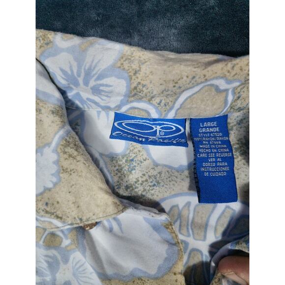 OP Ocean Pacific Hawaiian Shirt Mens Large Floral Button Down Tan White VINTAGE - Picture 3 of 6